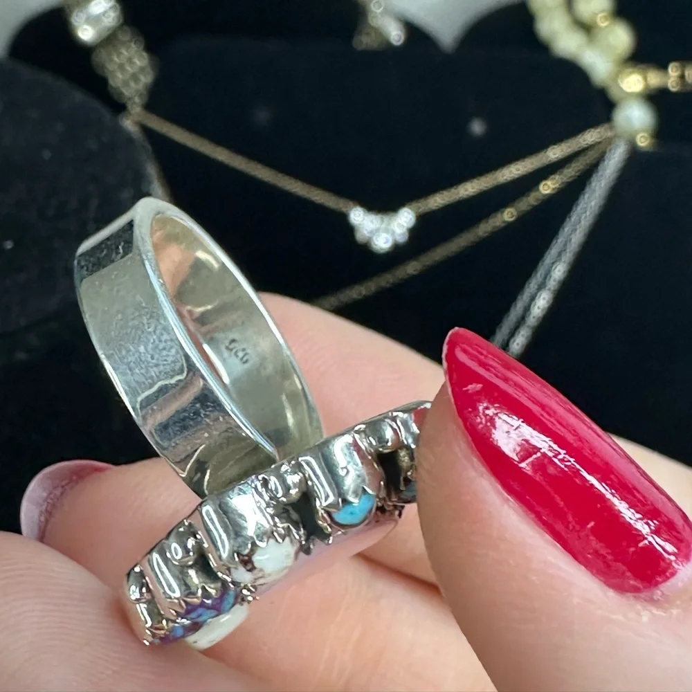 Sterling Silver Pink Conch & Composite gemstones half flower Ring Sz 6.5 adj - Picture 14 of 14